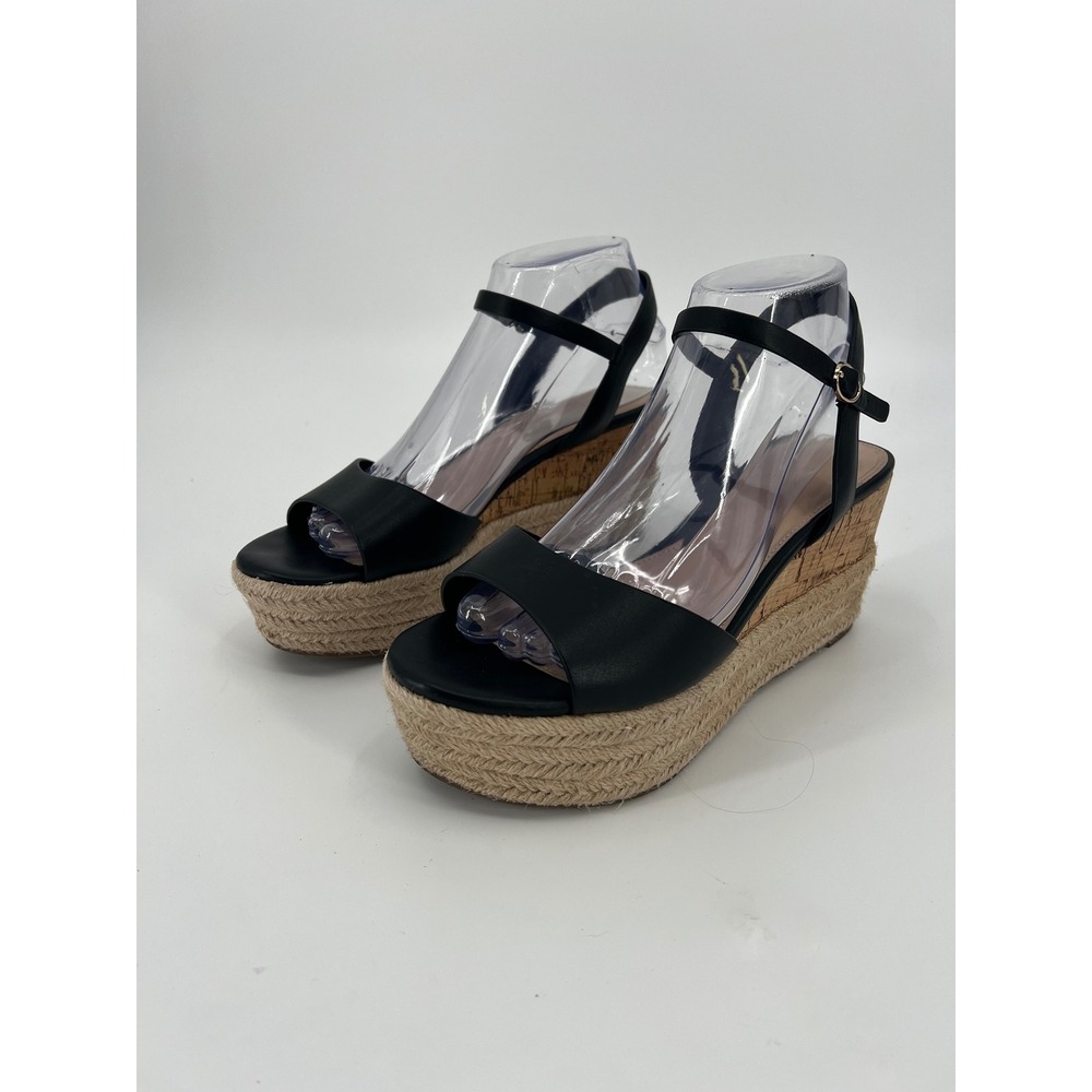 Aldo Black Platform Wedge Espadrille Sandals Cork Jute Ankle Strap Womens 8
